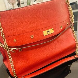 MCM Red Leather Shoulder Bag with Gold Chain